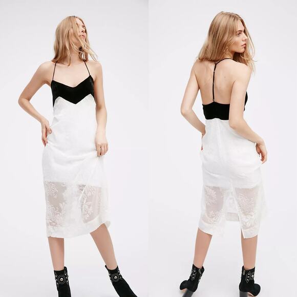 Free People Love All Day Slip Dress Size Small White Black Lace Velvet Burnout - Picture 7 of 9